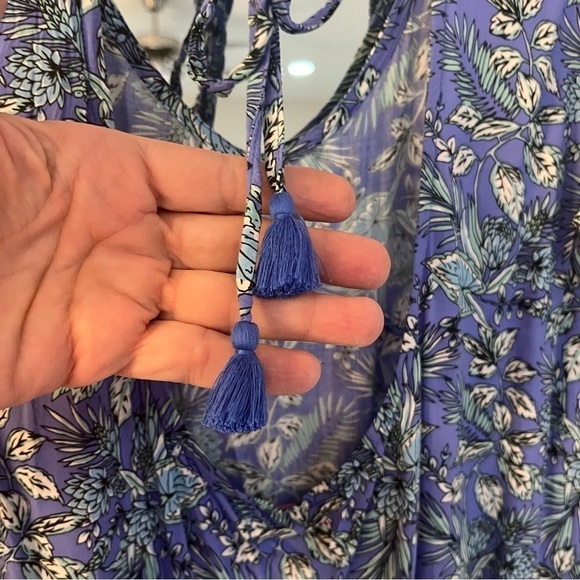 Miss Komo’do Blue Tropical Print Maxi Dress Ruffled Hem Flare Sleeves Sz L/XL - Picture 11 of 12